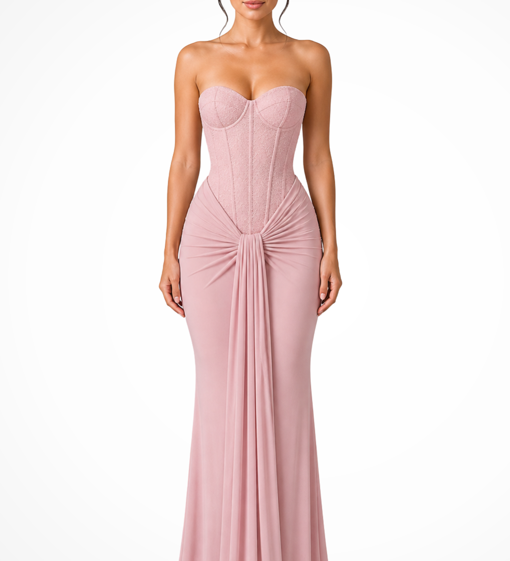 Evangeline | Corpiño de Encaje Sin Tirantes para Mujer Vestido Maxi de Invitada de Boda Drapado