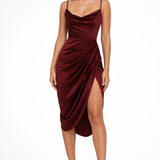 Katarina | Vestido midi de satén con cuello drapeado y tirantes para invitadas de boda