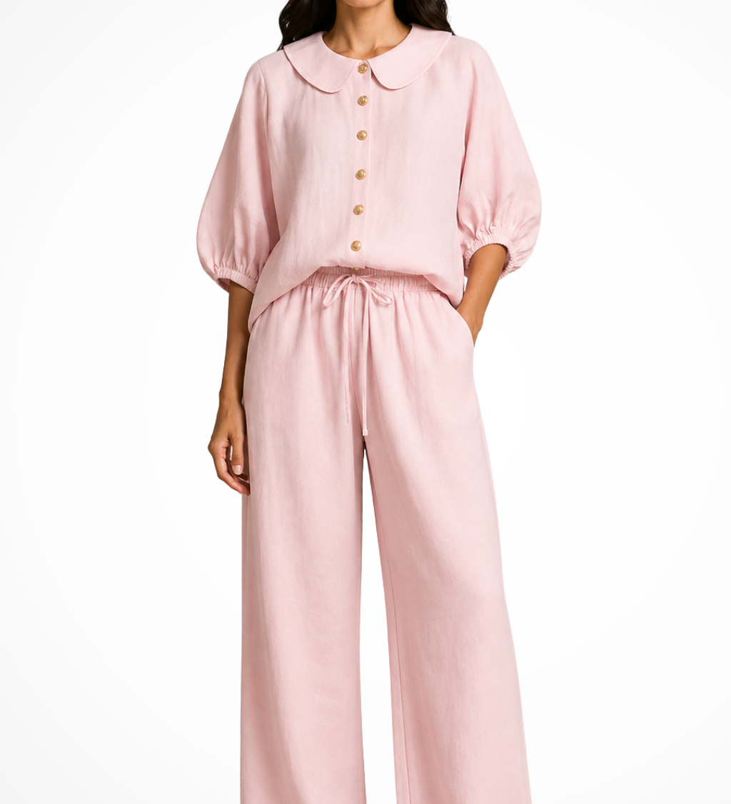 Cordelia | Conjunto de Lino para Mujeres con Blusa de Cuello Peter Pan y Pantalones de Pierna Ancha