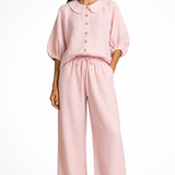 Cordelia | Conjunto de Lino para Mujeres con Blusa de Cuello Peter Pan y Pantalones de Pierna Ancha