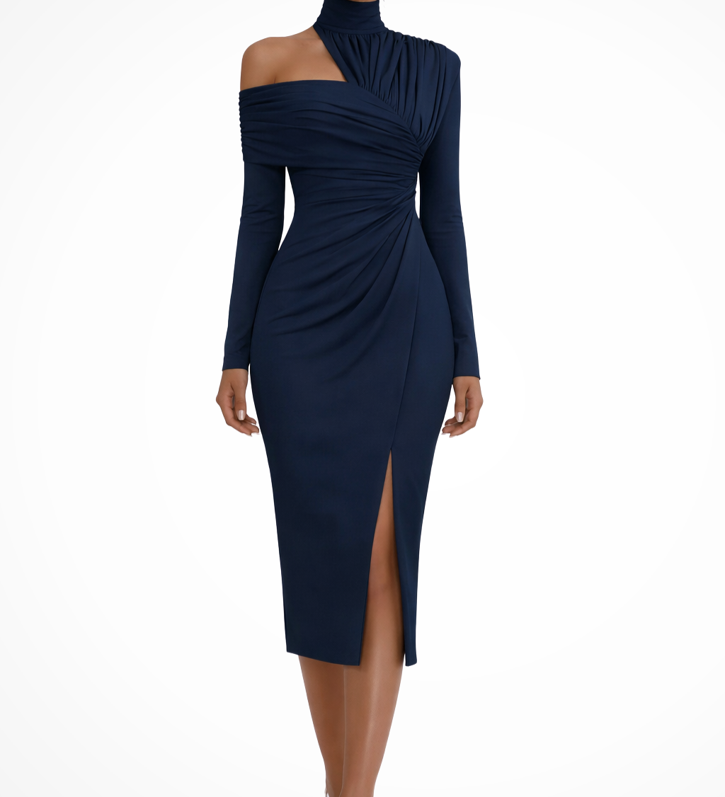 Delphina | Vestido midi de invitada de boda asimétrico de un solo hombro para mujer