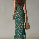 Maya™ | Vestido maxi boho retro con mangas con volantes y abertura alta