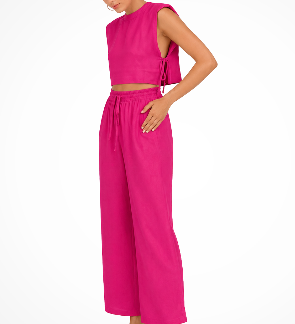 Calista | Conjunto de Top Corto Sin Mangas con Lazo Lateral y Pantalones de Pierna Ancha de Lino para Mujeres