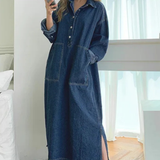 Margot | Vestido maxi de mezclilla para mujer de talla grande con mangas largas y cuello