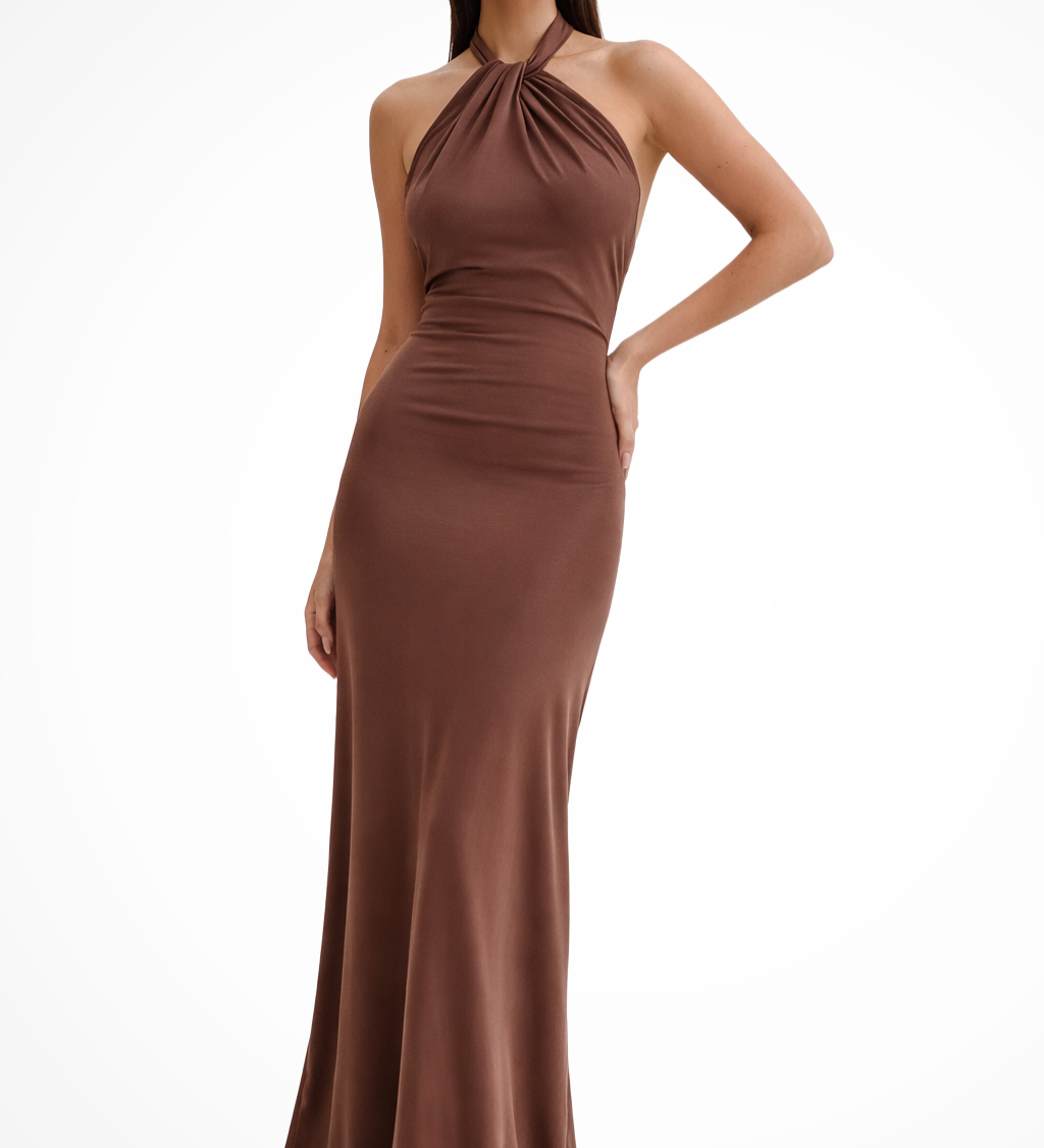Celeste | Vestido largo maxi de invitada de boda con escote halter, nudo retorcido y espalda abierta