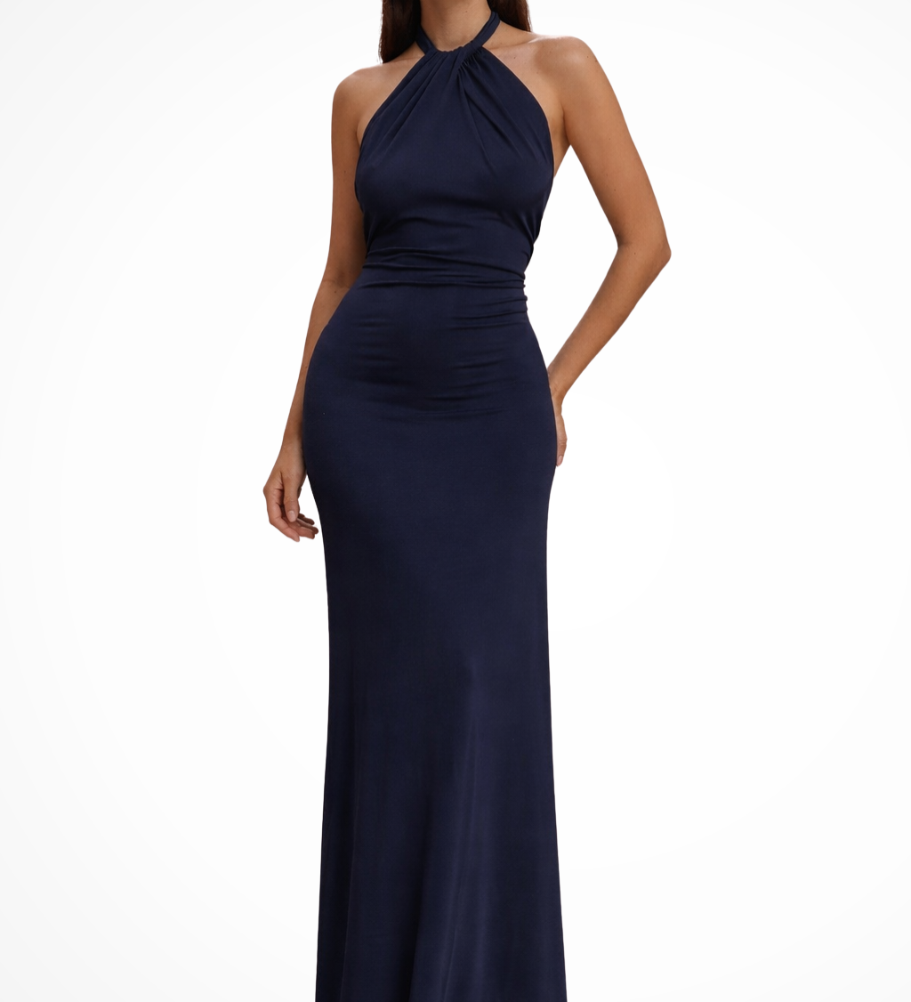 Celeste | Vestido maxi de invitada de boda con escote halter, nudos retorcidos y espalda descubierta, ajustado