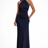 Celeste | Vestido maxi de invitada de boda con escote halter, nudos retorcidos y espalda descubierta, ajustado