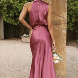 Amelina | Vestido Midi de Cuello Halter para Mujer en Satén para Invitadas de Boda