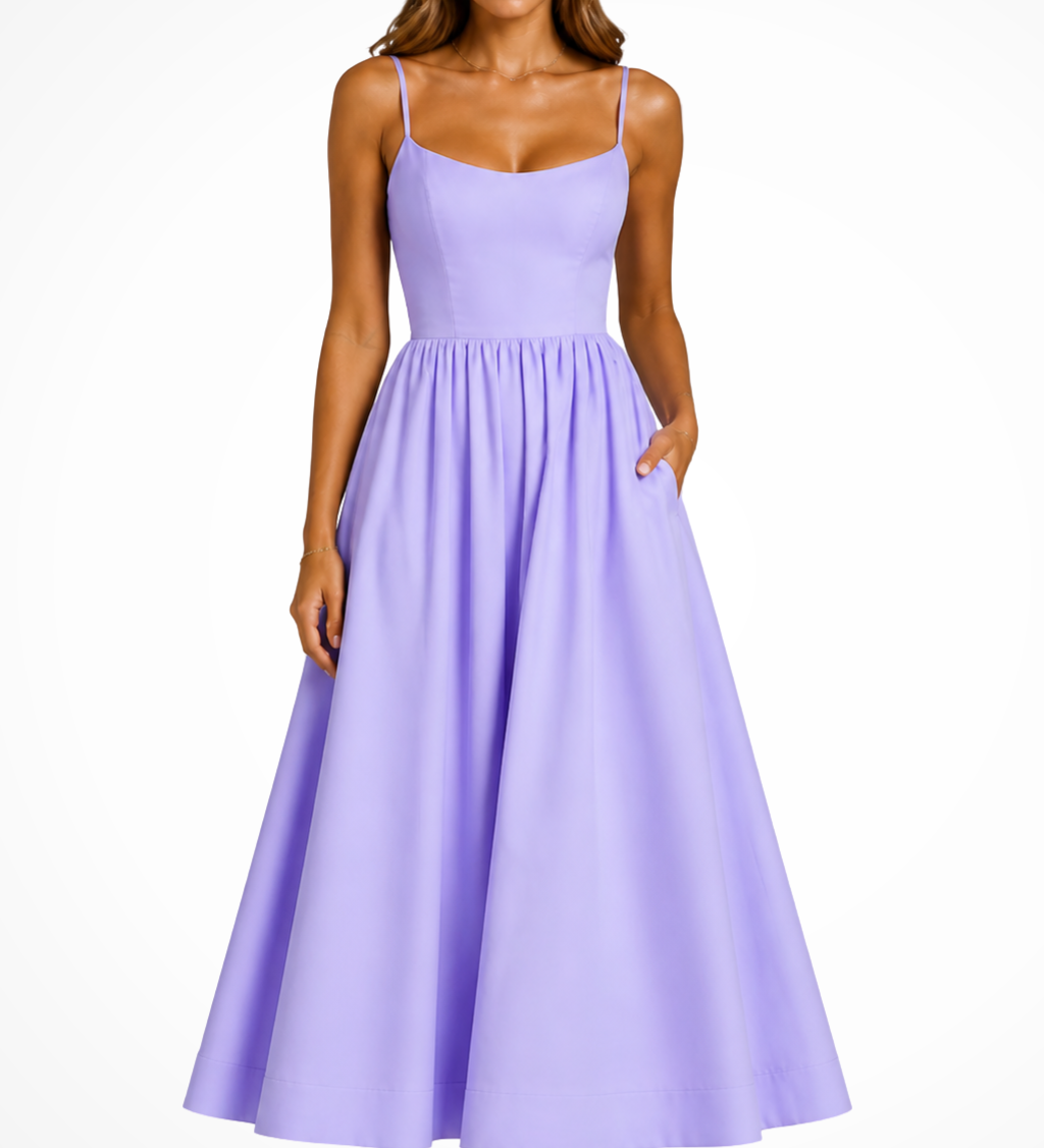 Klementīne | Vestido midi de invitada de boda con escote cuadrado y acampanado