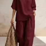 Rosalind | Conjunto de 2 piezas de lino para mujer con top de cuello en V y pantalones de pierna ancha