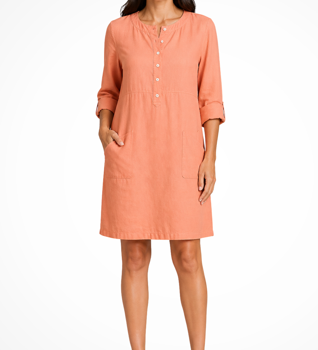 Claudette | Vestido de camisa de lino para mujer con mangas largas y bolsillos frontales
