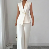 Isolde | Conjunto de Traje Blanco para Mujeres: Blazer Sin Mangas con Escote en V y Pantalones de Pierna Ancha