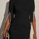 Mariah | Vestido midi de cuello redondo para mujer con mangas abiertas y perlas para bodas