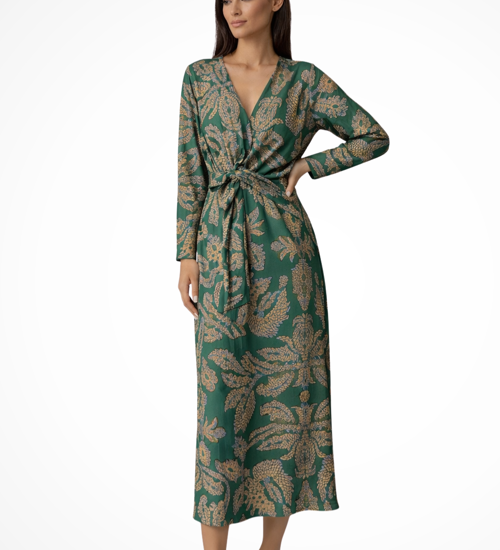 Aria | Vestido maxi de invitada de boda para mujer con mangas largas y cinturón en la cintura