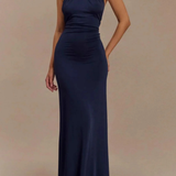 Celeste | Vestido maxi de invitada de boda con escote halter, nudos retorcidos y espalda descubierta, ajustado