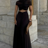 Marienna | Vestido maxi de invitada de boda de mujer con cuello alto y mangas cortas