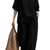 Rosalind | Conjunto de 2 piezas de lino para mujer con top de cuello en V y pantalones de pierna ancha