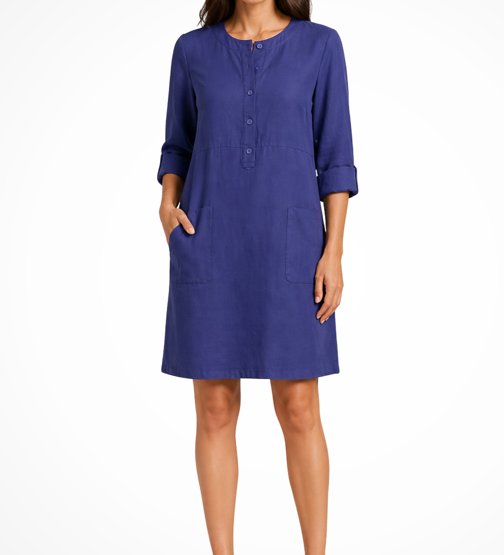 Claudette | Vestido de camisa de lino para mujer con mangas largas y bolsillos frontales
