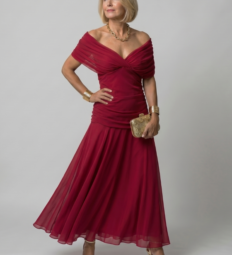 Calen | Vestido midi elegante con hombros descubiertos y diseño fluido