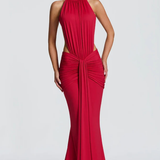 Teodora | Vestido largo de invitada de boda sin espalda con cuello halter y fruncido