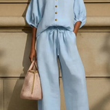 Cordelia | Conjunto de Lino para Mujeres con Blusa de Cuello Peter Pan y Pantalones de Pierna Ancha