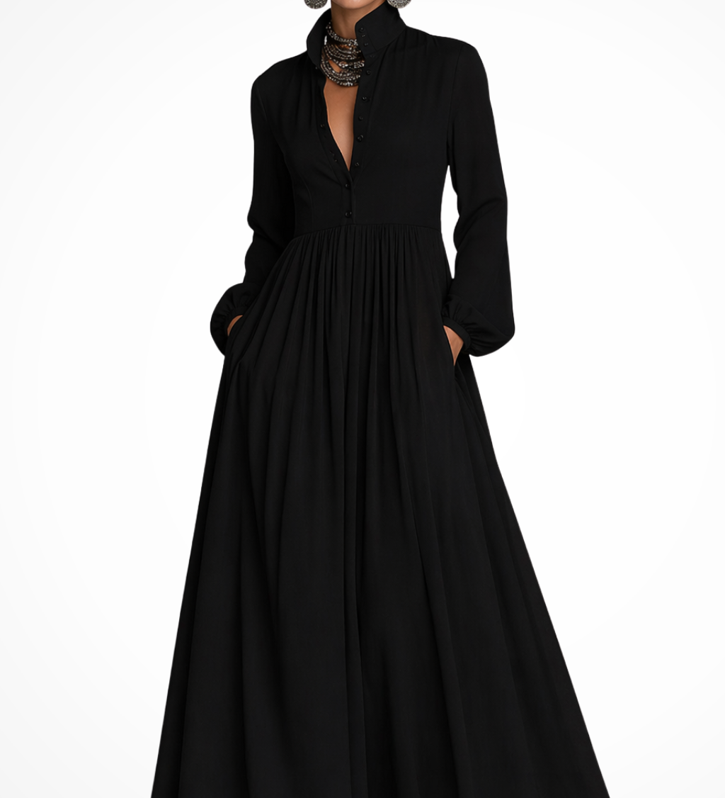 Winifred | Vestido maxi de fiesta de jardín para mujer con mangas largas y botones en la parte delantera, con bolsillos