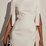 Mariah | Vestido midi de cuello redondo para mujer con mangas abiertas y perlas para bodas