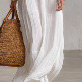 Vestido caftán maxi blanco bordado bohemio con escote en V y textura arrugada