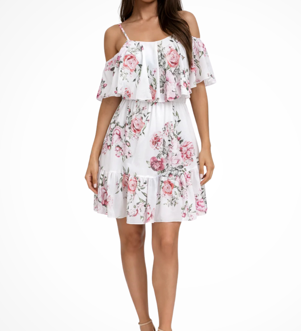 Lila | Vestido Mini Boho de Chifón con Flores y Volantes Off Shoulder para Mujeres