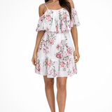 Lila | Vestido Mini Boho de Chifón con Flores y Volantes Off Shoulder para Mujeres