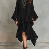 Elegante vestido midi bohemio negro asimétrico con pliegues