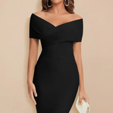 Sorrel | Vestido Midi Ajustado de Novia con Hombros Descubiertos y Frente Torcido