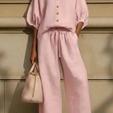 Cordelia | Conjunto de Lino para Mujeres con Blusa de Cuello Peter Pan y Pantalones de Pierna Ancha