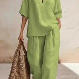 Rosalind | Conjunto de 2 piezas de lino para mujer con top de cuello en V y pantalones de pierna ancha