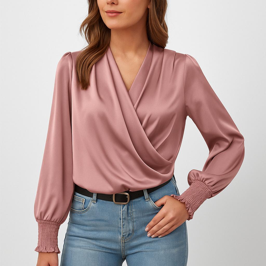 Blusa femenina cruzada con escote en V y mangas largas