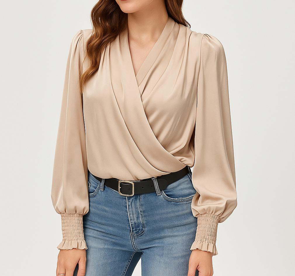 Blusa femenina cruzada con escote en V y mangas largas