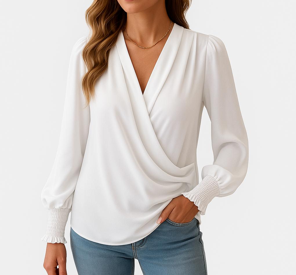 Blusa femenina cruzada con escote en V y mangas largas