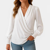 Blusa femenina cruzada con escote en V y mangas largas