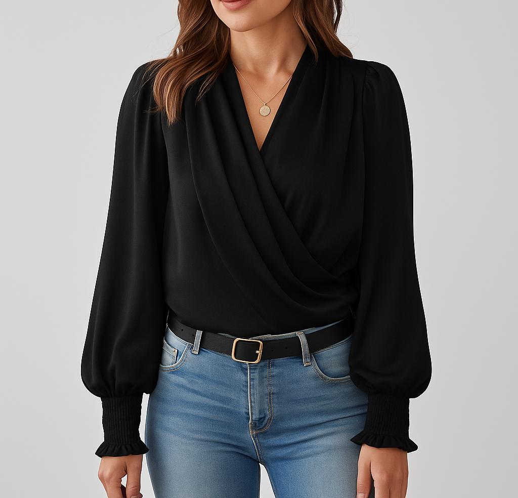 Blusa femenina cruzada con escote en V y mangas largas