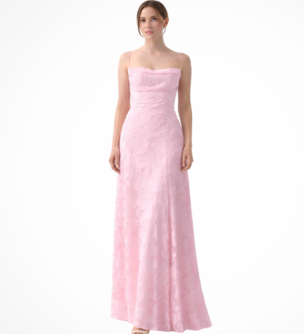 Rosa | Vestido maxi formal de mujer con tirantes de spaghetti y encaje en la parte posterior, con diseño de jacquard floral