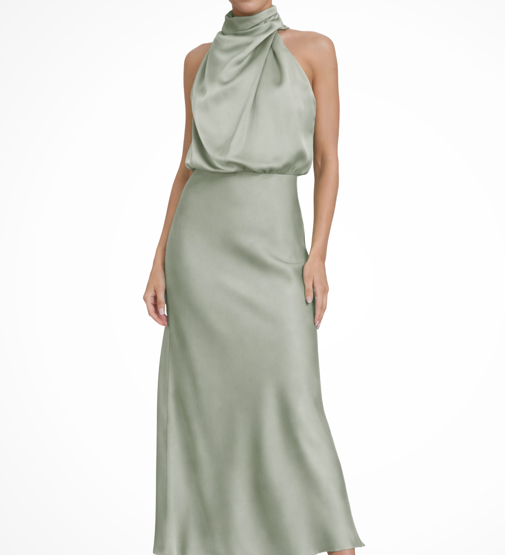 Amelina | Vestido Midi de Cuello Halter para Mujer en Satén para Invitadas de Boda