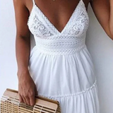 Freja | Vestido midi de verano blanco de encaje para mujer con tirantes de espagueti y espalda abierta