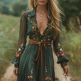 Vestido maxi bohemio bordado con escote en V para señora
