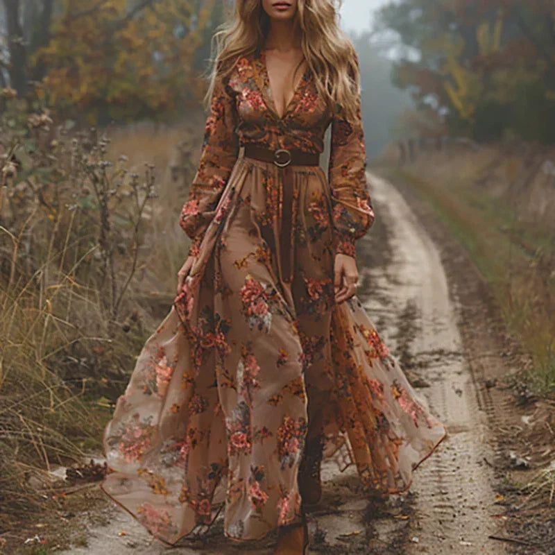 Vestido maxi bohemio bordado con escote en V para señora