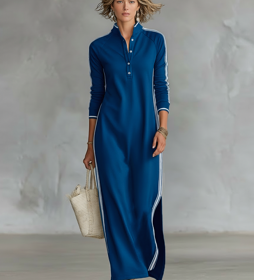 Vestido camisón minimalista para señora, con cuello blanco y tapeta de botones