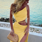 Lucia | Vestido maxi de verano drapeado de un solo hombro para mujer con abertura lateral