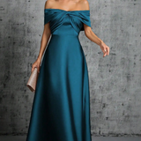 Lauren | Vestido Maxi de Mujer con Escote en los Hombros, Nudo Torcido y Satén Plisado