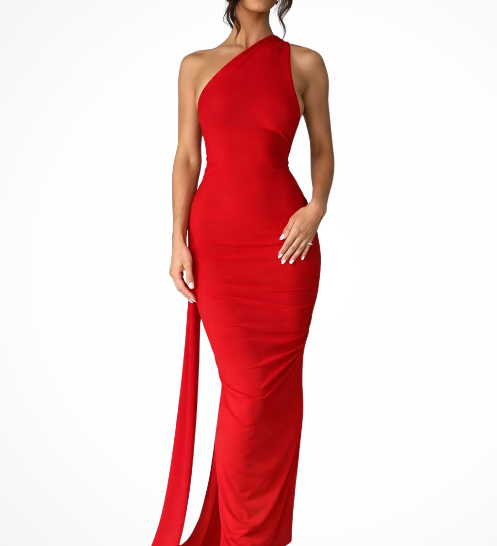 Floriana | Vestido maxi de competición de un solo hombro con espalda abierta y fruncido para mujeres