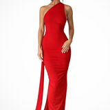Floriana | Vestido maxi de competición de un solo hombro con espalda abierta y fruncido para mujeres