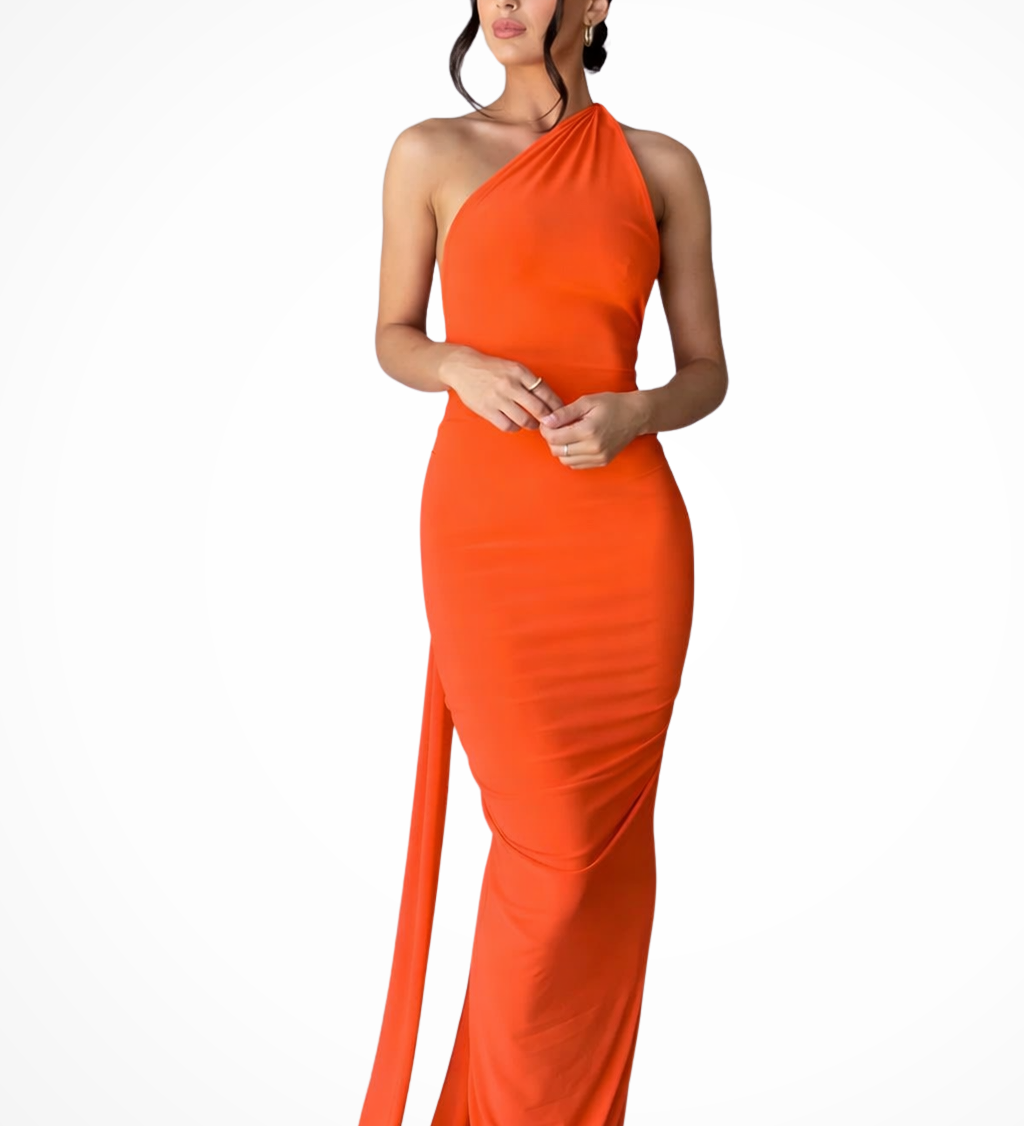 Floriana | Vestido maxi de competición de un solo hombro con espalda abierta y fruncido para mujeres
